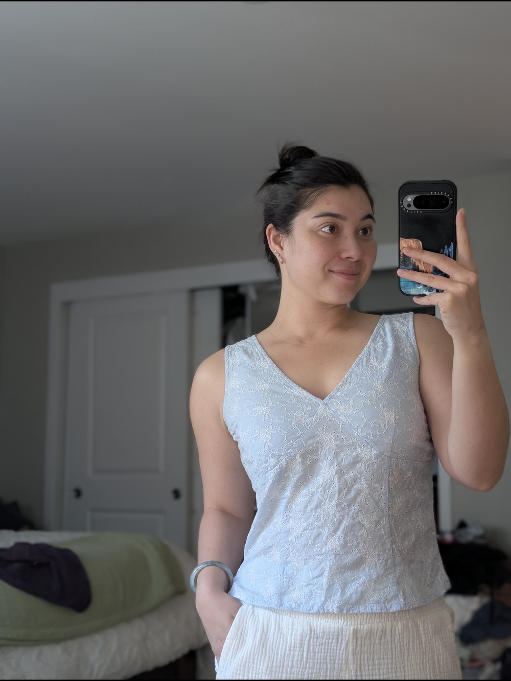 Caslon Light Blue Embroidered Cotton Tank